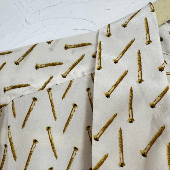 Equipment Silk Tan Brown Nail Print Button Down Shirt Womens s Whimsical Casual - Picture 3 of 9